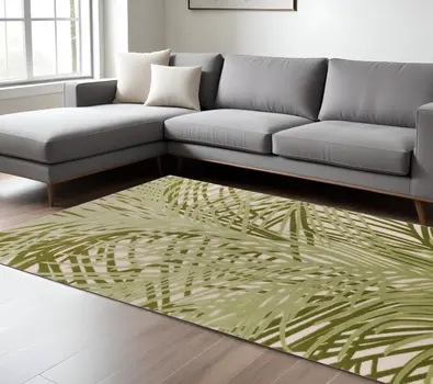 12' X 15' Ivory And Green Palm Leaf Indoor Outdoor Area Rug