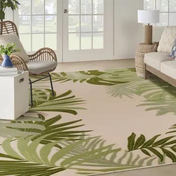 12' X 15' Ivory And Green Palm Leaf Indoor Outdoor Area Rug