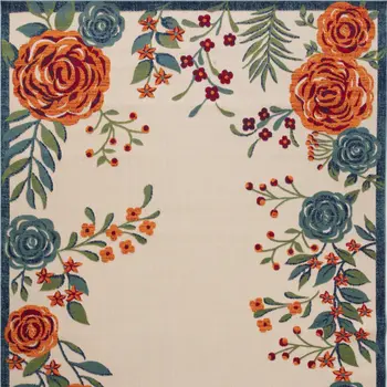 12' X 15' Ivory Green Orange Blue And Red Floral Indoor Outdoor Area Rug