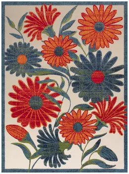12' X 15' Ivory Green Orange Blue And Red Floral Indoor Outdoor Area Rug