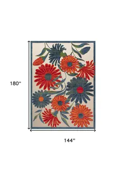 12' X 15' Ivory Green Orange Blue And Red Floral Indoor Outdoor Area Rug