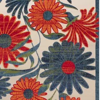12' X 15' Ivory Green Orange Blue And Red Floral Indoor Outdoor Area Rug