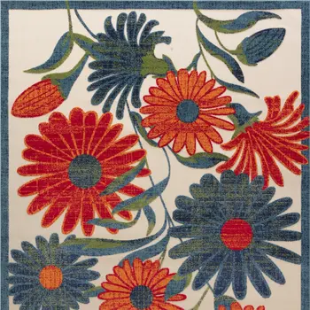 12' X 15' Ivory Green Orange Blue And Red Floral Indoor Outdoor Area Rug