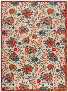 12' X 15' Ivory Green Orange Blue And Red Floral Indoor Outdoor Area Rug