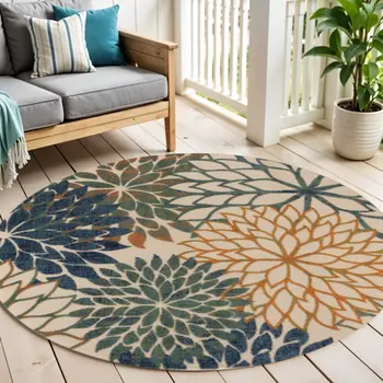 5' Blue Green And Yellow Round Floral Indoor Outdoor Area Rug