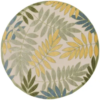 5' Green Yellow And Ivory Round Palm Leaf Indoor Outdoor Area Rug