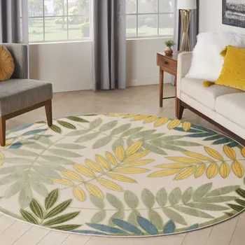 5' Green Yellow And Ivory Round Palm Leaf Indoor Outdoor Area Rug