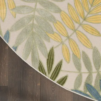 5' Green Yellow And Ivory Round Palm Leaf Indoor Outdoor Area Rug
