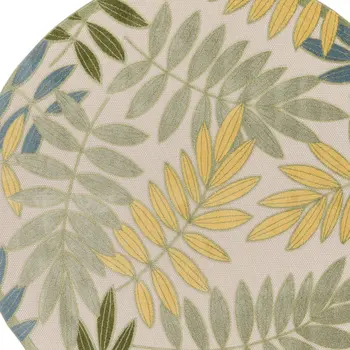 5' Green Yellow And Ivory Round Palm Leaf Indoor Outdoor Area Rug