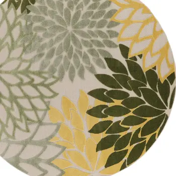 5' Green Yellow Ivory And Dark Green Round Floral Indoor Outdoor Area Rug