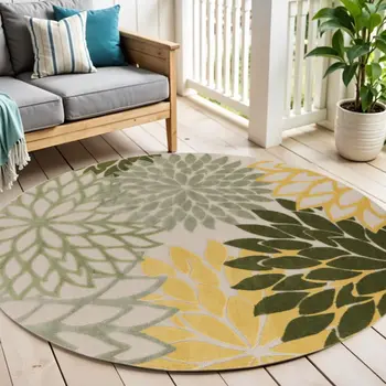 5' Green Yellow Ivory And Dark Green Round Floral Indoor Outdoor Area Rug