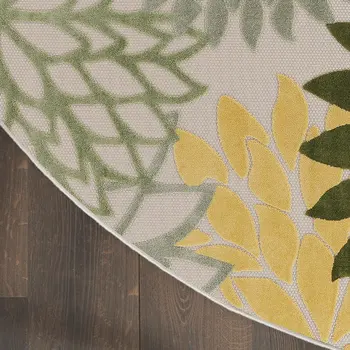 5' Green Yellow Ivory And Dark Green Round Floral Indoor Outdoor Area Rug