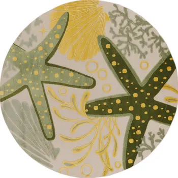 5' Green Yellow Ivory And Dark Green Round Starfish Indoor Outdoor Area Rug