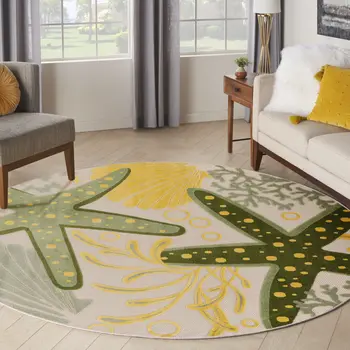 5' Green Yellow Ivory And Dark Green Round Starfish Indoor Outdoor Area Rug