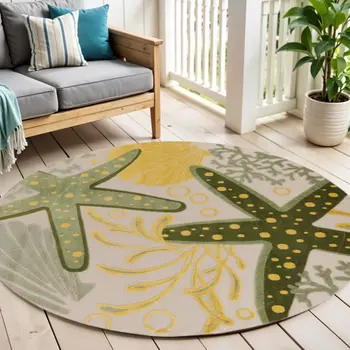 5' Green Yellow Ivory And Dark Green Round Starfish Indoor Outdoor Area Rug