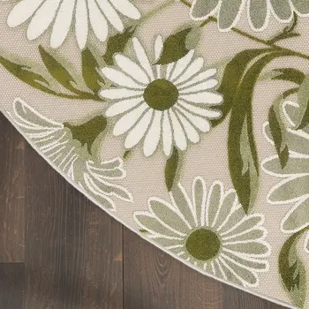 5' Ivory Green And Dark Green Round Floral Indoor Outdoor Area Rug