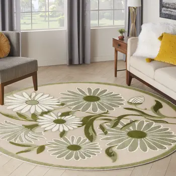5' Ivory Green And Dark Green Round Floral Indoor Outdoor Area Rug