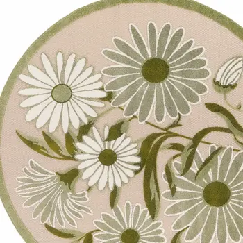 5' Ivory Green And Dark Green Round Floral Indoor Outdoor Area Rug