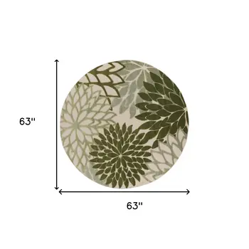 5' Ivory Green And Dark Green Round Floral Indoor Outdoor Area Rug