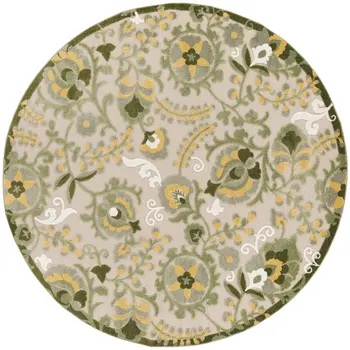 5' Ivory Green Dark Green And Yellow Round Floral Indoor Outdoor Area Rug