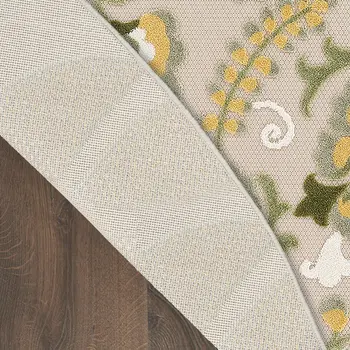 5' Ivory Green Dark Green And Yellow Round Floral Indoor Outdoor Area Rug