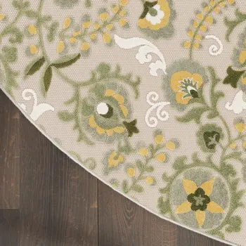 5' Ivory Green Dark Green And Yellow Round Floral Indoor Outdoor Area Rug