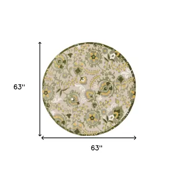 5' Ivory Green Dark Green And Yellow Round Floral Indoor Outdoor Area Rug