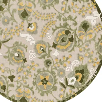 5' Ivory Green Dark Green And Yellow Round Floral Indoor Outdoor Area Rug