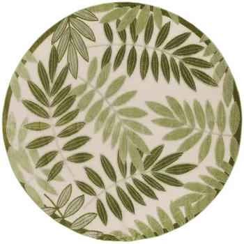 5' Ivory And Green Round Palm Leaf Indoor Outdoor Area Rug