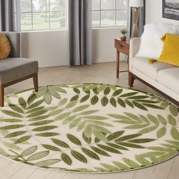5' Ivory And Green Round Palm Leaf Indoor Outdoor Area Rug