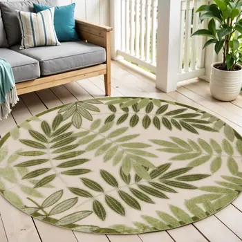 5' Ivory And Green Round Palm Leaf Indoor Outdoor Area Rug