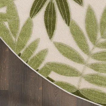 5' Ivory And Green Round Palm Leaf Indoor Outdoor Area Rug