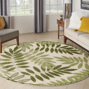 5' Ivory And Green Round Palm Leaf Indoor Outdoor Area Rug