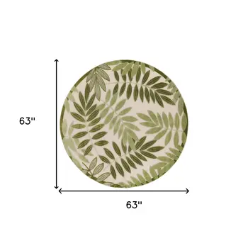 5' Ivory And Green Round Palm Leaf Indoor Outdoor Area Rug