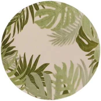 5' Ivory And Green Round Palm Leaf Indoor Outdoor Area Rug