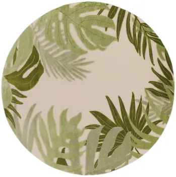 5' Ivory And Green Round Palm Leaf Indoor Outdoor Area Rug