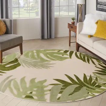 5' Ivory And Green Round Palm Leaf Indoor Outdoor Area Rug