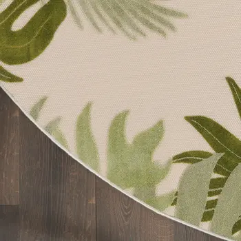 5' Ivory And Green Round Palm Leaf Indoor Outdoor Area Rug