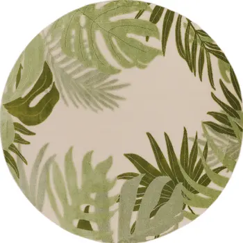 5' Ivory And Green Round Palm Leaf Indoor Outdoor Area Rug