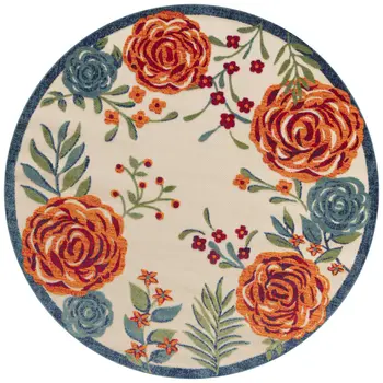 5' Ivory Orange Blue And Green Round Floral Indoor Outdoor Area Rug
