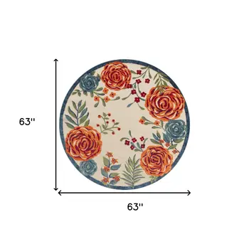 5' Ivory Orange Blue And Green Round Floral Indoor Outdoor Area Rug
