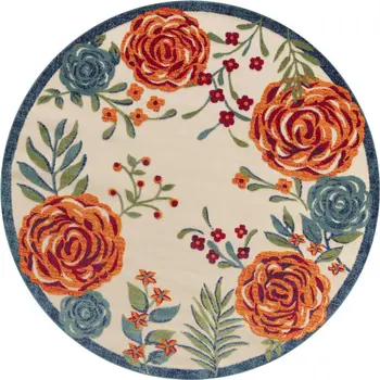 5' Ivory Orange Blue And Green Round Floral Indoor Outdoor Area Rug