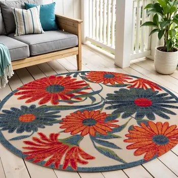 5' Ivory Blue And Orange Round Floral Indoor Outdoor Area Rug