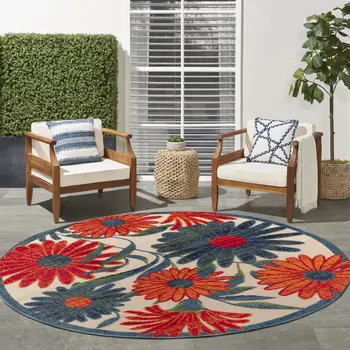 5' Ivory Blue And Orange Round Floral Indoor Outdoor Area Rug