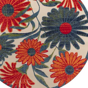 5' Ivory Blue And Orange Round Floral Indoor Outdoor Area Rug