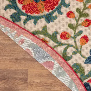 5' Red Gold Teal Blue And Green Round Floral Indoor Outdoor Area Rug