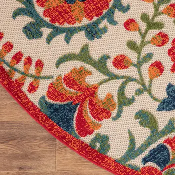 5' Red Gold Teal Blue And Green Round Floral Indoor Outdoor Area Rug