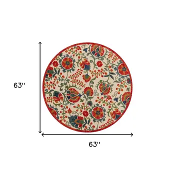 5' Red Gold Teal Blue And Green Round Floral Indoor Outdoor Area Rug