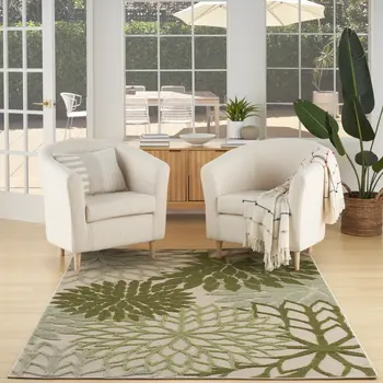 4' X 6' Ivory And Green Floral Indoor Outdoor Area Rug