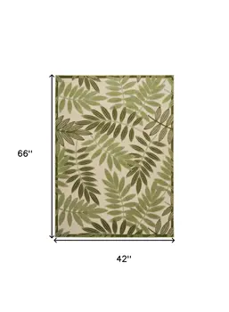 4' X 6' Ivory And Green Palm Leaf Indoor Outdoor Area Rug